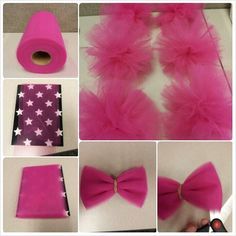 the steps to make a bow tie out of pink tulle and white stars on it