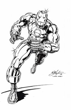 an ink drawing of iron man running