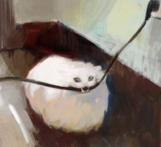 an abstract painting of a white ferret on a brown table with a black cord