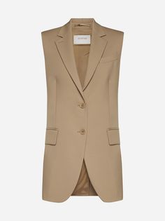 Sportmax's Parana sleeveless blazer in beige virgin wool featuring notched lapels, padded shoulders, chest pocket, single-breasted fastening, front flap pockets and vent at center back. Composition: 100% virgin wool Tailored Sleeveless Blazer With Pockets, Sleeveless Tailored Blazer With Pockets, Classic Office Vest With Pockets, Beige Single Breasted Sleeveless Vest, Sleeveless Blazer With Pockets For Work, Beige Single-breasted Sleeveless Vest, Sleeveless Beige Outerwear For Business, Beige Sleeveless Single-breasted Vest, Sleeveless Beige Business Vest