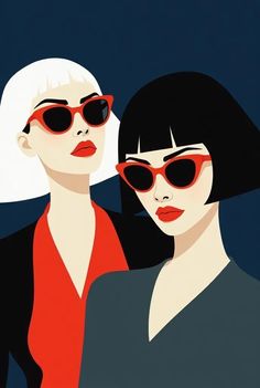 two women wearing red and black sunglasses are standing next to each other in front of a dark blue background