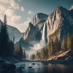 an image of a waterfall coming out of the mountains into a lake with trees around it