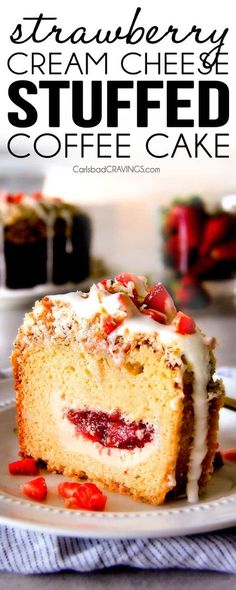 a slice of strawberry cream cheese coffee cake on a plate