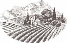 a drawing of a farm house in the middle of a field with trees and mountains behind it