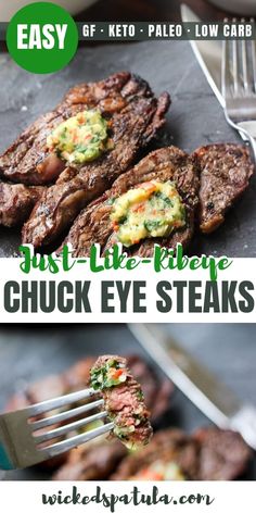 grilled steaks on a plate with fork and text that says just like keto - low carb chuck eye steaks