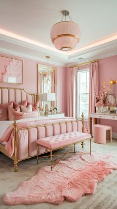 a bedroom with pink walls and gold furniture