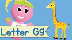 a cartoon giraffe standing next to a sign that says, letter gg