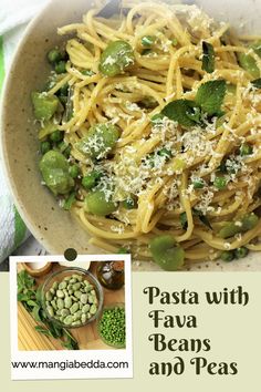 pasta with fava beans and peas in a bowl