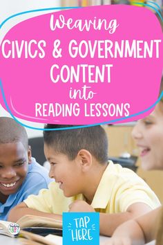 two children reading books with the title, wearing civics and government content into reading lessons