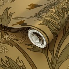 an image of a wallpaper with flowers and leaves in gold color on the ground