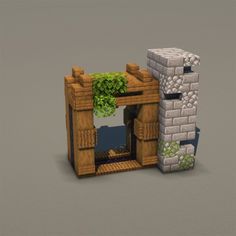 a small building made out of wood and stone with ivy growing on the top window