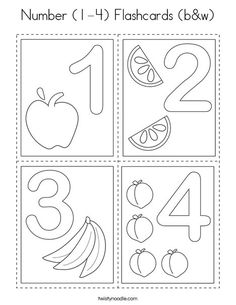 the number 1 - 4 flash cards is shown in black and white, with an image of