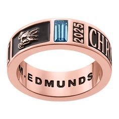 Add some extra class to your school ring with this gorgeous design filled with customizable options! Featuring radiant Rose Gold Plated, this stunning band showcases an eye-catching design that is sure to stand the test of time. Personalize the top with a pair of brilliant birthstones, a name, an initial, school year, and a graphic representing a favorite extracurricular activity, sport, or any desired icon. PLUS you can add an engraved message, full name, or any desired text inside the band. Fa Extracurricular Activity, High School Rings, Baguette Cut Ring, School Rings, College Rings, Graduation Rings, Class Rings, High School Graduation Gifts, Message Of Love