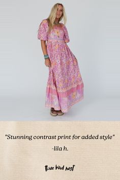 Whether you're dressing up for a special event or just want to add some boho flair to your everyday look, the Shannon Border Print Maxi Dress is sure to make a statement! Lightweight, woven fabric with so pretty floral print Maxi length with a flowy silhouette Flattering square neckline with 3/4 length puff sleeves Convenient side pockets Gathered tiers with stunning contrast print for added style and movement Pair with: Sophie Crochet Lace Bralette. Sparrows Song Necklace and Seeing Stars Brace Boho Essentials, Bralette Outfit, Sparrows, Floral Print Maxi, Border Print, Pink Maxi Dress, Lace Bralette, Printed Maxi Dress, Crochet Lace