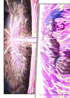 an image of the inside of a book with purple and pink colors on it, as well as two images of different characters