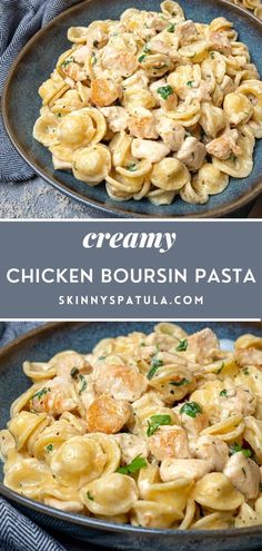 creamy chicken boursin pasta with spinach and parmesan cheese on top