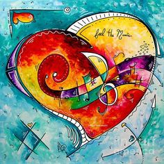 an abstract painting with colorful colors and shapes on it's face, in the shape of a heart