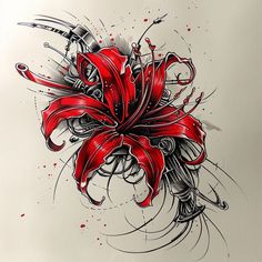 Red Spider Lily Tattoo Artwork Set Unique Flower Drawing, Spider Lily Spine Tattoo, Mens Floral Tattoo, Bright Color Tattoo, Red Thread Tattoo, Black And Red Tattoo Design, Spider Lily Tattoo Design, Black Rose Tattoo Design, Red Spider Lily Tattoo