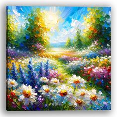 an oil painting on canvas of flowers and trees