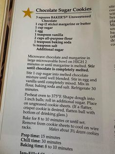 the recipe for chocolate sugar cookies is shown in an open book with instructions on how to make it