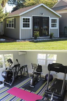 before and after photos of a home gym with exercise equipment in the front yard, and on the back side of the house