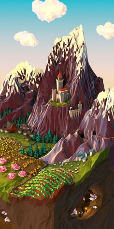 a painting of a castle in the middle of a mountain range with trees and flowers