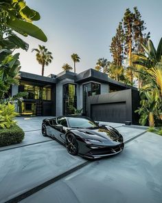 a black sports car is parked in front of a house with palm trees and bushes