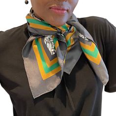 Sumptuous, 100% silk square scarf with hand rolled edges. Measures a generous 35" x 35" to give you the versatility you demand. This double-sided beauty offers rich depth of color in a gorgeous green, gold and dark grey palette. Arrange it to wear one pattern or all of them. Sport it around your neck, your shoulders, your hair...or wherever you need to amplify your style. Green Silk Scarves For Formal Occasions, Green Silk Scarf For Formal Occasions, Chic Green Scarf For Gift, Gold Silk Scarf For Spring, Trendy Green Silk Scarf Gift, Formal Green Silk Scarves, Elegant Gold Scarves For Spring, Chic Green Silk Scarf For Gift, Formal Green Silk Scarf