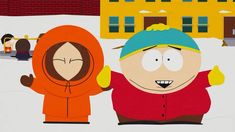 two cartoon characters are standing in front of a yellow building and one is wearing an orange hoodie