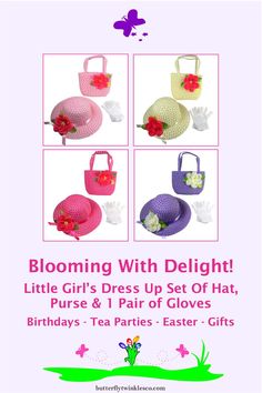 Make your little girl the prettiest flower of any Spring get together with this Maisie dress up accessory set.  This set comes with everything to make her sparkle including a sun hat with matching purse, all coming in the colors of pink, bright pink, ivory or purple and a pair of short white gloves.  Outfit her for fun without breaking the bank! White Gloves Outfit, Gloves Outfit, Pink Ivory, Easter Outfit