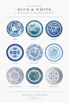 the blue and white plates are arranged in different styles, sizes and colors on this page