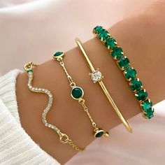 New! Images From Website! 4 Pieces Green Rhinestone Designs Tagged Fashion Nova For Exposure! Bracelet Tennis, Gold Bracelet Set, Gemstone Bangle, The Bangles, Gold Armband, Bangle Bracelet Set, Rhinestone Designs, Hand Jewelry, Rhinestone Bracelet