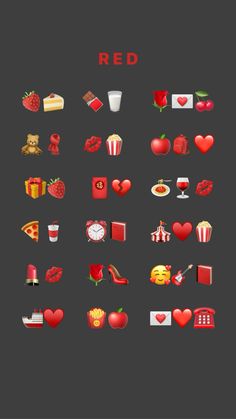 the red icons are arranged in different shapes and sizes, including hearts, flowers, candles, popcorn, cake, candy, etc