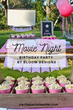 a movie night birthday party with pink cupcakes and popcorn on a table in the grass