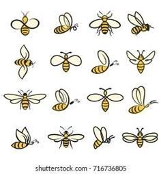 honeybees in different positions and colors on a white background, hand drawn illustration