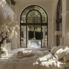 a bedroom with an arched glass door leading to a swimming pool in the middle of it