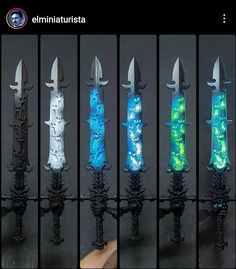 five different types of knifes with blue and green lights on them, all in various sizes