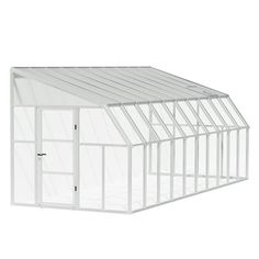 a white greenhouse with the door open on a white background and no people around it