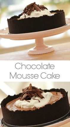 chocolate mousse cake with whipped cream and chocolate shavings on the top