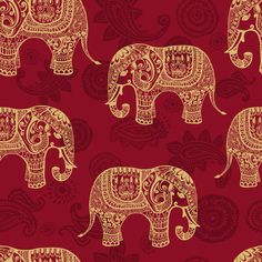 seamless pattern with golden elephants on red background