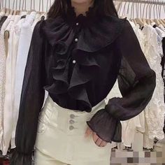 Dark Academia Ruffle Shirt Light Academia Aesthetic Straight Clothes, Shirt Blouses Women's, Ruffle Long Sleeve, Elegant Blouses, Ruffle Shirt, Chic Top, Chiffon Long Sleeve, Collars For Women, Basic Shirts