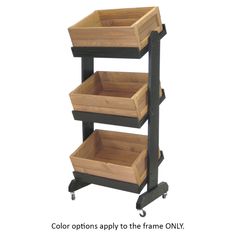 three tiered wooden shelf with wheels on each side