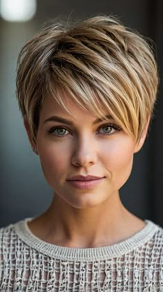 cut and color All One Length Bob Short Hair, Pixie Bob Haircut Layered, Classy Short Haircuts, Short Layered Haircuts For Women, Classic Pixie, Short Blonde Pixie, Layered Haircuts For Women, Stacked Hair, Chunky Highlights