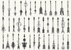 an assortment of arrows drawn in black ink on white paper, each with different designs