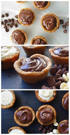 chocolate cupcakes with frosting in the middle and other desserts around them