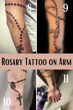 rosary tattoo on arm with cross and beads in different positions, including the number 11