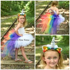 Bright Unicorn Tutu Dress This stunning bustle tutu dress is perfect for birthday parties, gifts, Halloween costumes, and dress up! It features bright rainbow colors throughout the mane and tail, and white (or your choice of color) in the front. The top is an unlined crochet tube top to match the front tutu color, which is 8 inches long. The bustle features a mane that goes up the back of the top. Rainbow unicorn horn headband is optional in the drop down menu. Sizes and Lengths: (Bustle will be Unicorn Tutu Dress, Unicorn Costume Kids, Costume Unicorn, Unicorn Horn Headband, Unicorn Birthday Outfit, Pony Birthday Party, Kids Tutu, Dress For Kids, Unicorn Costume