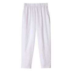 green-linen-women-summer-pants Casual White Non-stretch Harem Pants, Casual Linen Harem Pants For Summer, White Harem Pants With Pockets For Spring, White Relaxed Ankle-length Pants, Relaxed White Ankle-length Bottoms, Relaxed White Ankle-length Pants, Relaxed Ankle-length White Bottoms, Baggy White Bottoms For Summer, Casual Linen Harem Pants With Elastic Waistband