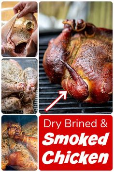 pictures showing how to cook smoked chicken on the grill with instructions for cooking and baking