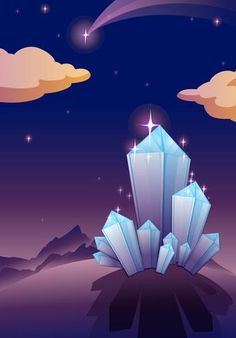 an illustration of a crystal tower in the sky with stars and clouds above it - buildings objects